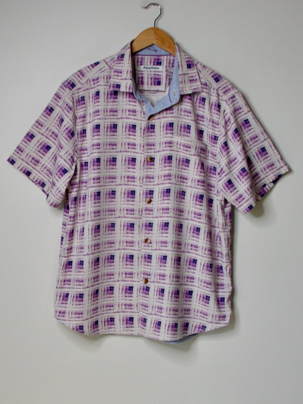 Tommy Bahama Silk Blend Camp Shirt Echo Beach Tiles Purple Plaid Coolmax Large